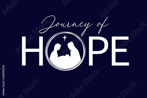 Journey of HOPE, lettering with silhouettes christian Nativity. Hope, Christmas calligraphy web slide. Vector church xmas banner template 