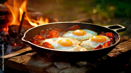 Eggs prepared with vegetables on a frying pan on the fire in the forest. Cooking scrambled eggs over an open fire. Breakfast in nature. Tourist food. AI Generated