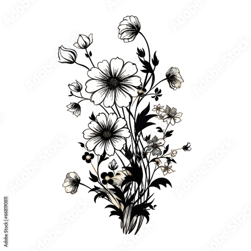 Black silhouette of field flowers on white background.