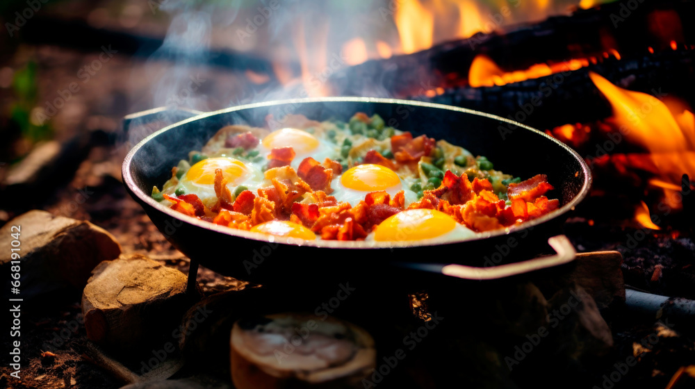 Eggs prepared with vegetables on a frying pan on the fire in the forest. Cooking scrambled eggs over an open fire. Breakfast in nature. Tourist food. AI Generated
