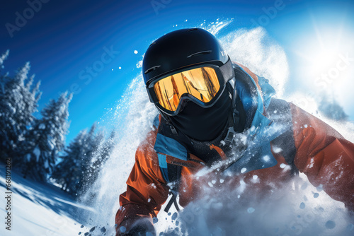 Close up view of a snowboarder with Snowboard goggles in action making the snow fly with his board