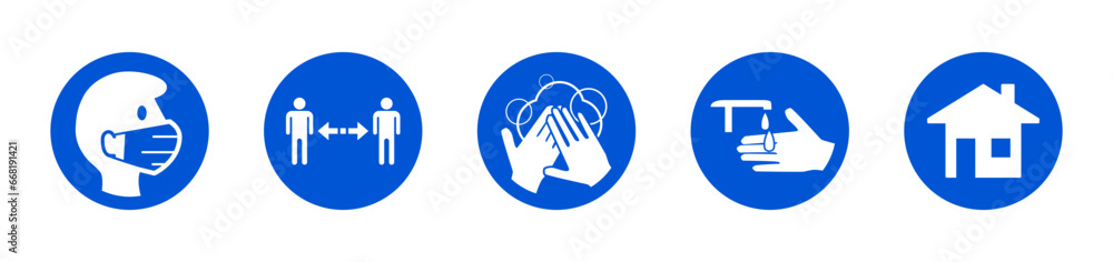 Round Coronavirus Covid-19 Warning Sign Icon Set including Wear a Face Mask, Keep Your Distance, Wash Your Hands, Sanitize Your Hands and Stay at Home. Vector Image. Round Coronavirus Covid-19 Warning Sign Icon Set including Wear a Face Mask, Keep Your Distance, Wash Your Hands, Sanitize Your Hands and Stay at Home. Vector Image.