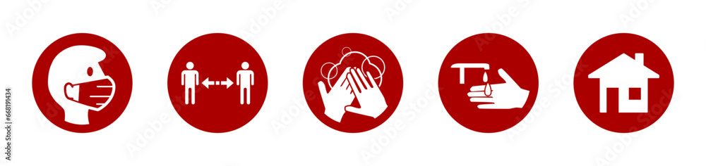 Round Coronavirus Covid-19 Warning Sign Icon Set including Wear a Face Mask, Keep Your Distance, Wash Your Hands, Sanitize Your Hands and Stay at Home. Vector Image. Round Coronavirus Covid-19 Warning Sign Icon Set including Wear a Face Mask, Keep Your Distance, Wash Your Hands, Sanitize Your Hands and Stay at Home. Vector Image.
