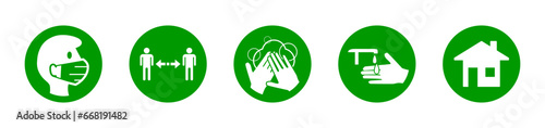 Round Coronavirus Covid-19 Warning Sign Icon Set including Wear a Face Mask, Keep Your Distance, Wash Your Hands, Sanitize Your Hands and Stay at Home. Vector Image.
