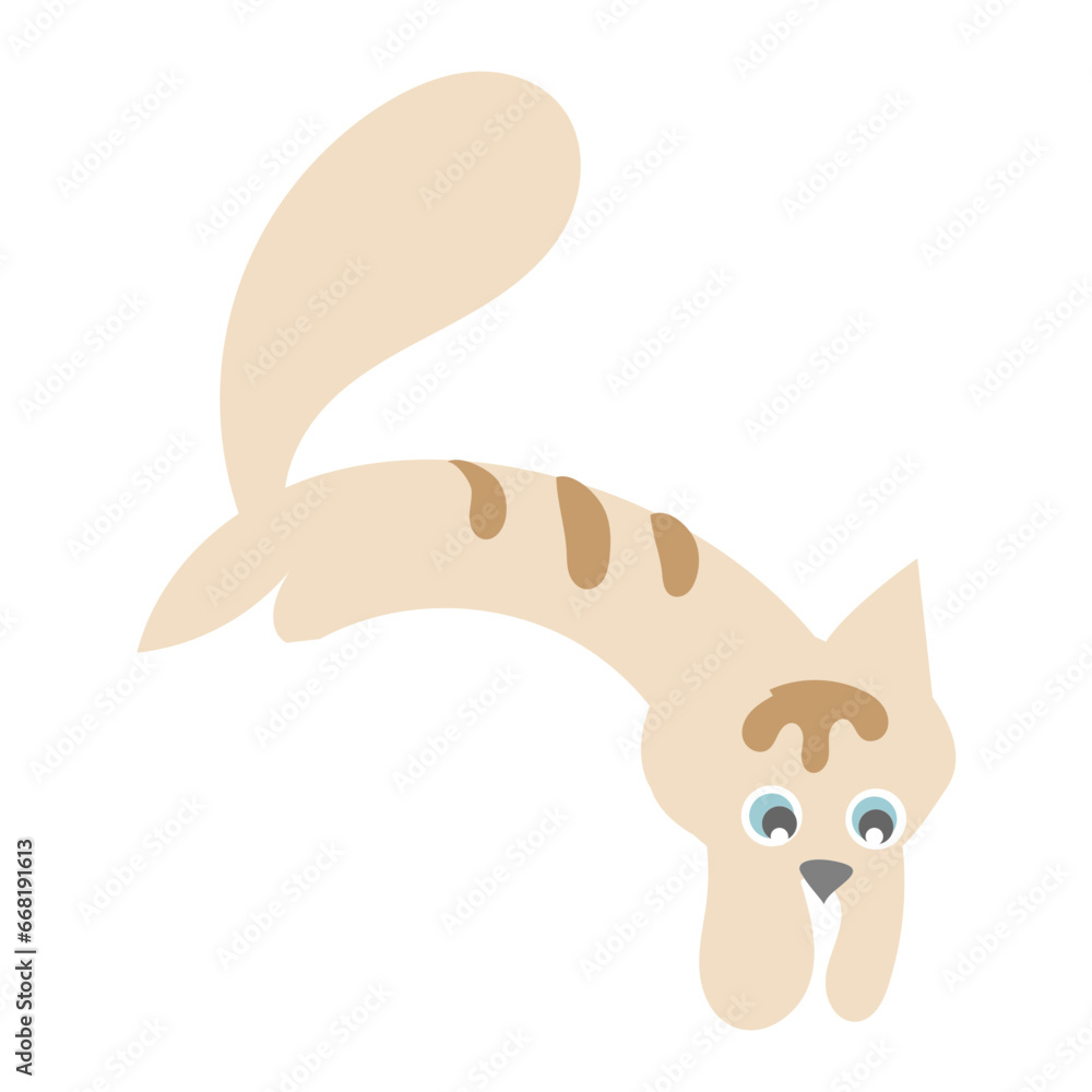 Cute beige tabby cat with an arched back in a childish style. Suitable for stickers, patterns, logos, corporate identity, grooming salons