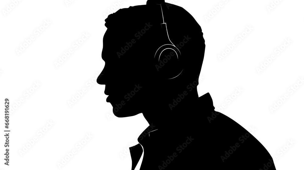 Black silhouette of a man in headphones on white background.