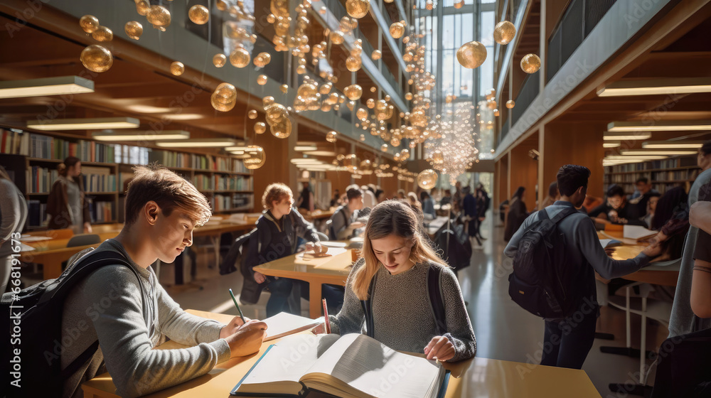 University Library with Shelves of Books and Readers