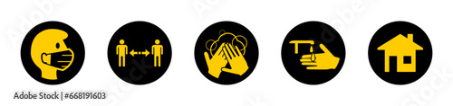 Round Coronavirus Covid-19 Warning Sign Icon Set including Wear a Face Mask, Keep Your Distance, Wash Your Hands, Sanitize Your Hands and Stay at Home. Vector Image.