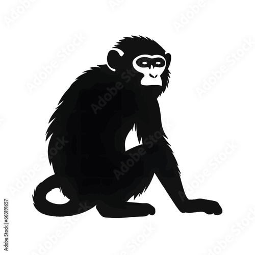 Black silhouette of a monkey, chimpanzee on white background.