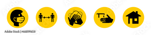 Round Coronavirus Covid-19 Warning Sign Icon Set including Wear a Face Mask, Keep Your Distance, Wash Your Hands, Sanitize Your Hands and Stay at Home. Vector Image.