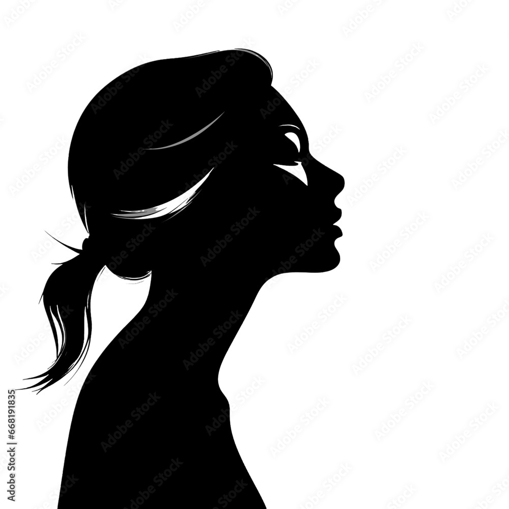Black silhouette of side of a woman's bust on white background.