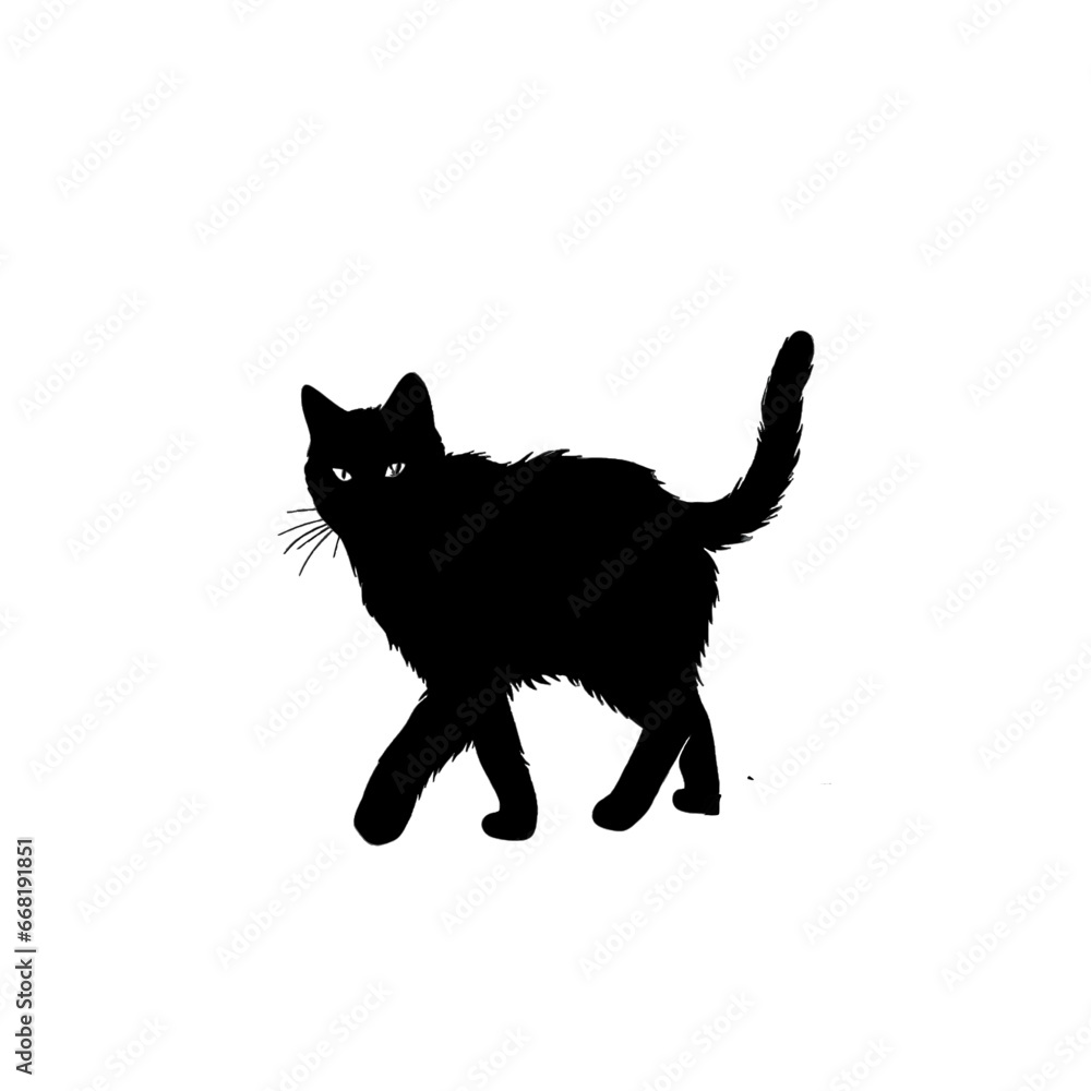 Black silhouette of a walking cat on white background.