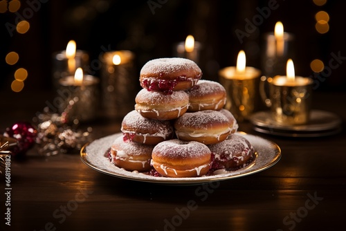 Sufganiyot \ jelly donut traditional Jewish food for Hanukkah. Generative Ai
