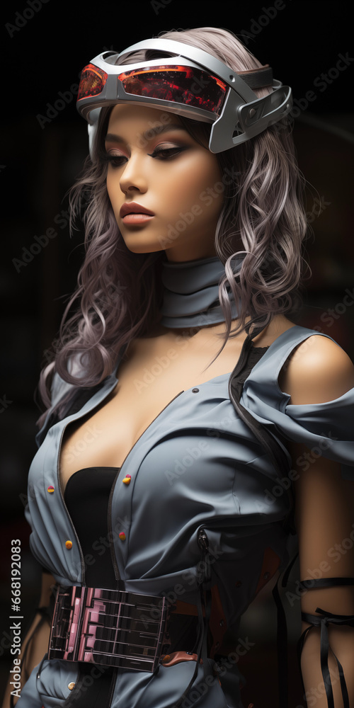 Super sexy Model Frau mit grauen Leder und Lack Designer Kleidung und futuristischer Cyberspace Brille in Hochformat, ai generativ Super sexy Model Frau mit grauen Leder und Lack Designer Kleidung und futuristischer Cyberspace Brille in Hochformat, ai generativ