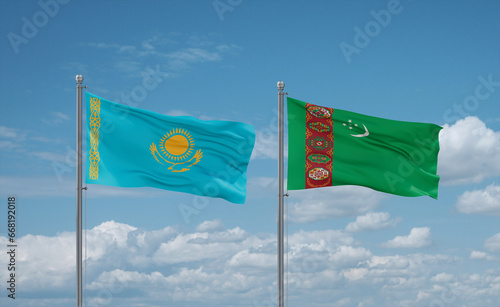 Turkmenistan and Kazakhstan flags, country relationship concept