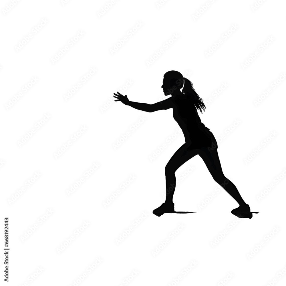 Black silhouette of a woman on the move on white background.