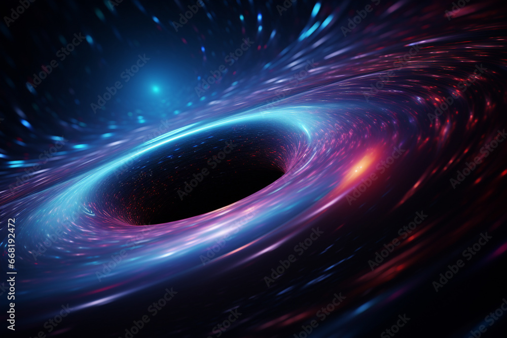 A black hole with a glowing constellation of various colors revolves around a black hole in the universe A black hole with a glowing constellation of various colors revolves around a black hole in the universe