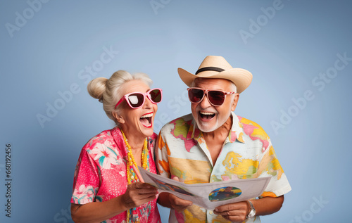 Portrait of a happy elderly couple with sunglasses wearing colorful shirts holding a brochure