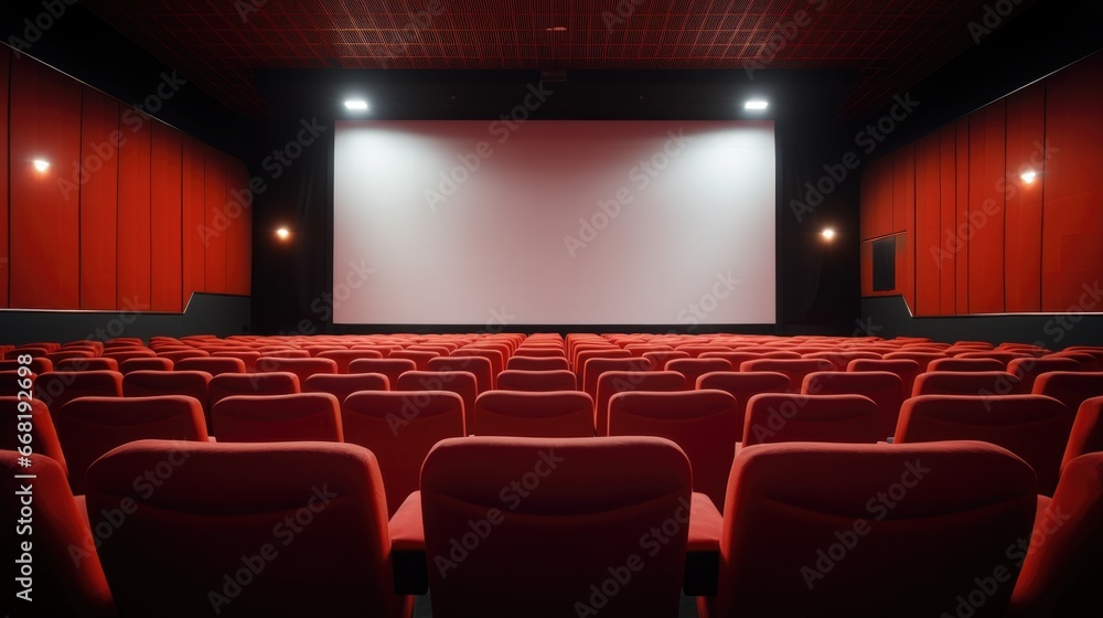 White cinema screen and rows of red theatre seats at a cinema hall White cinema screen and rows of red theatre seats at a cinema hall