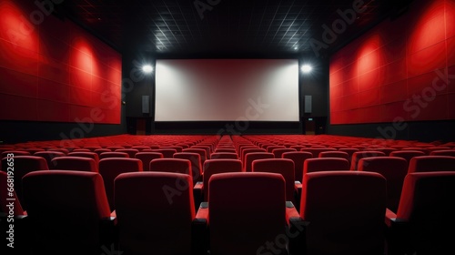White cinema screen and rows of red theatre seats at a cinema hall