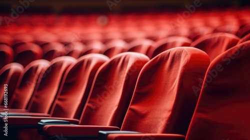 Close up of rows of red theatre seats at a cinema hall, perspective front view
