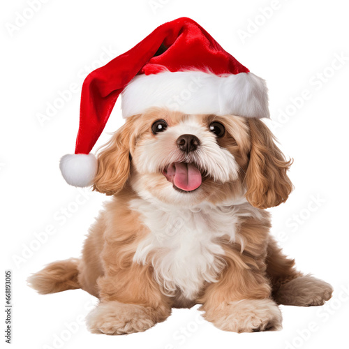 Fototapeta Portrait of a cavalier king charles dog wearing santa hat to celebrate christmas