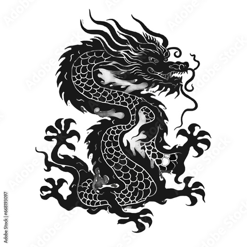 Black silhouette of a chinese dragon on white background.