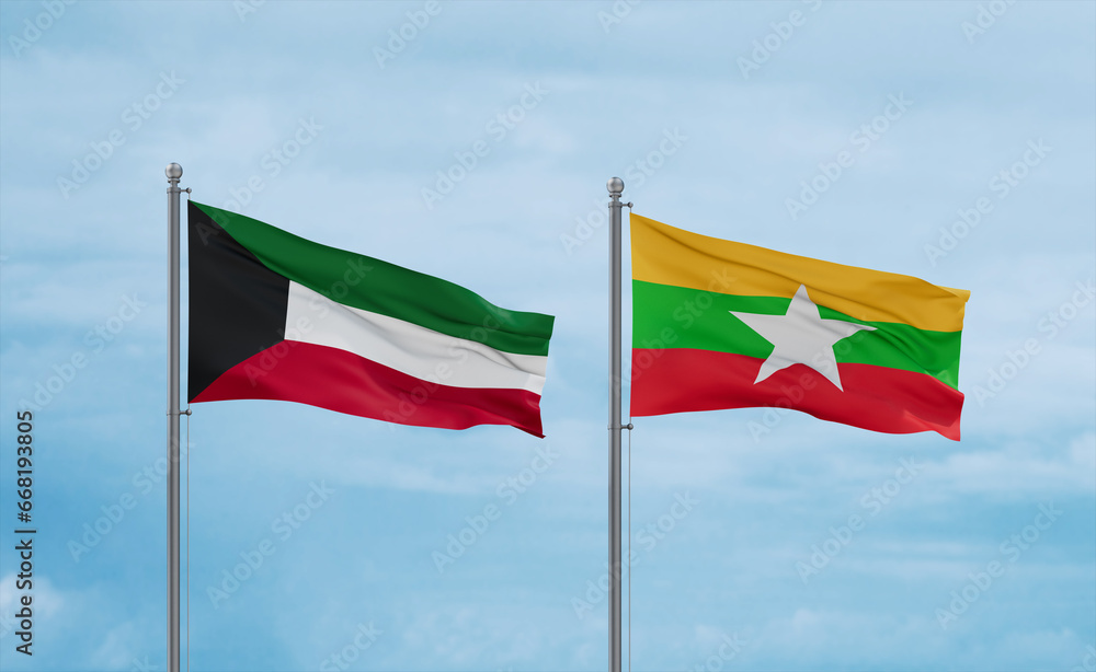 Myanmar and Kuwait flags, country relationship concept Myanmar and Kuwait flags, country relationship concept