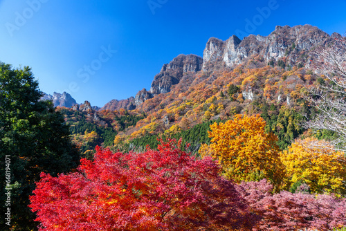 紅葉の妙義山と快晴の青空