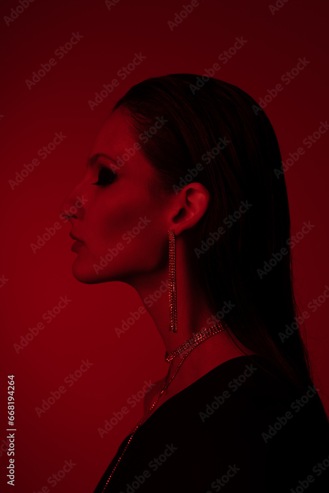 Stylish female model in bright colorful lights posing in studio. Portrait of a beautiful girl with fashionable shining makeup. Beautiful jewelry and accessories. Neon red color. Stylish female model in bright colorful lights posing in studio. Portrait of a beautiful girl with fashionable shining makeup. Beautiful jewelry and accessories. Neon red color.