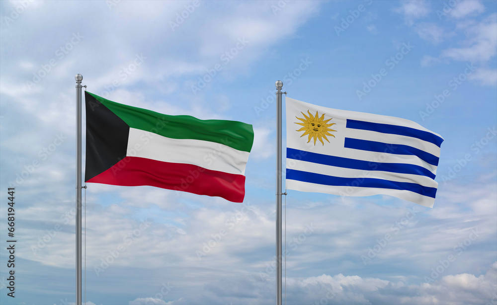 Fototapeta premium Uruguay and Kuwait flags, country relationship concept