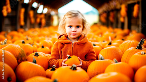 Child and orange pumpkin at farm market or seasonal festival. Cute little girl playing among pumpkins. Thanksgiving holiday season and Halloween. AI Generated