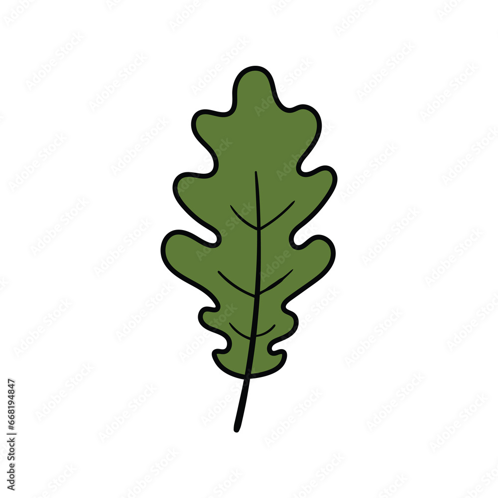 Hand-drawn cartoon green oak leaf on a white background. Hand-drawn cartoon green oak leaf on a white background.