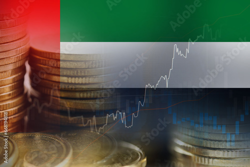 Stock market investment trading financial  coin and UAE United Arab Emirates flag or Forex for analyze profit finance business trend data.