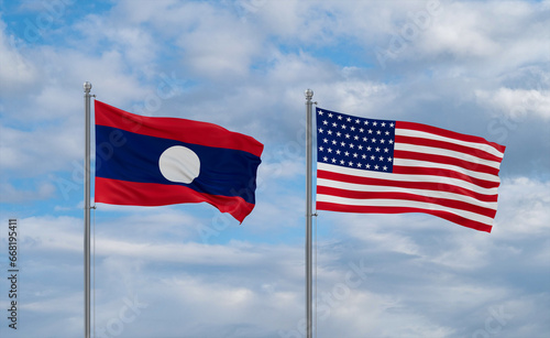 USA and Laos flags, country relationship concepts