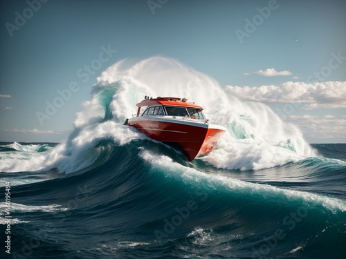 A fast motorboat riding a wave in the sea © Meeza