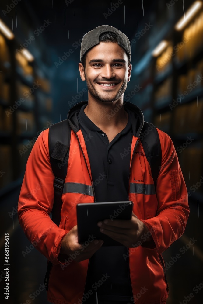 A delivery guy wearing red outfit and a black vest holding a tablet, Smiling face.