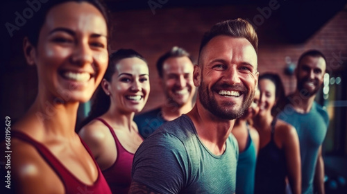 Beautiful sports team are holding sports equipment, looking at camera and smiling while doing selfie in fitness hall. AI Generated