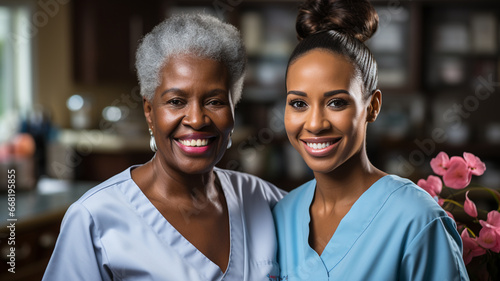 Nurses of different ages smiling at their work. Two generations of health workers in a hospital. Health personnel. Medical women. African American mother and daughter working together in a doctor's o