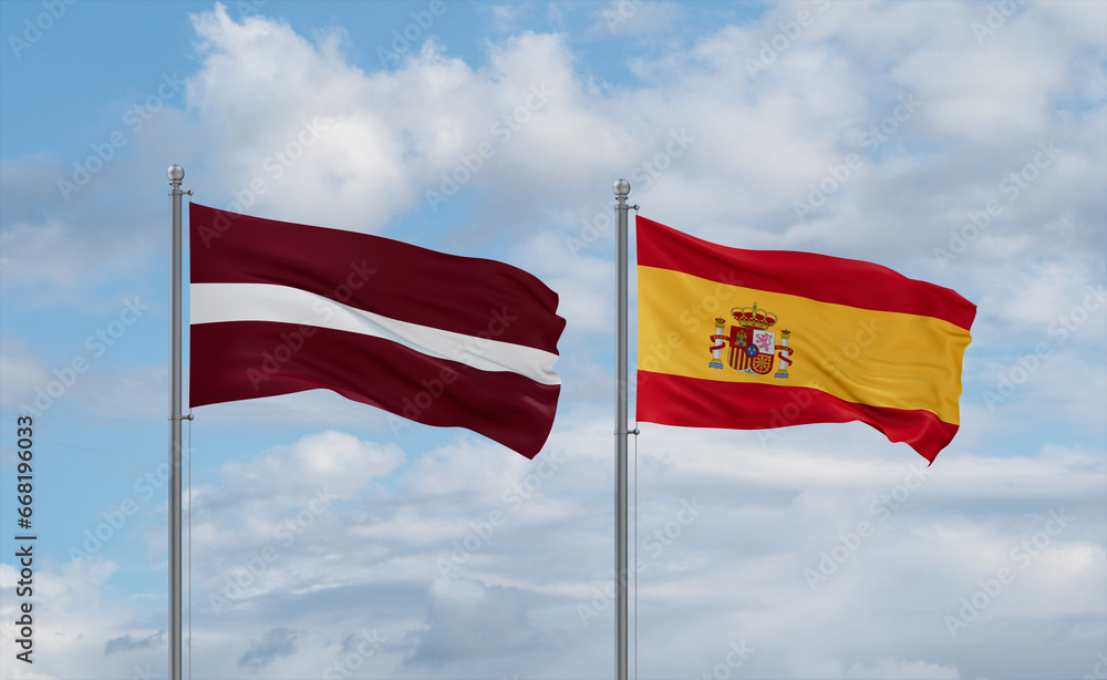 Spain and Latvia flags, country relationship concept Spain and Latvia flags, country relationship concept
