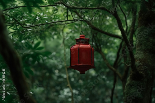 One red lantern hanging on tree in green forest generative ai
