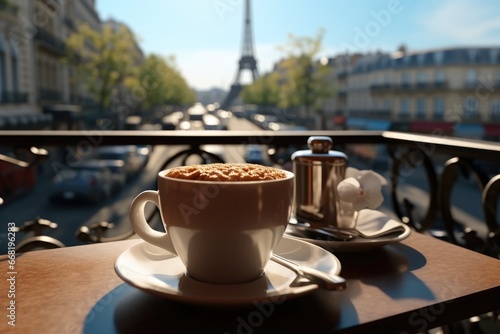 A Cup of coffee on the table of a coffee shop with Eiffel Tower view.