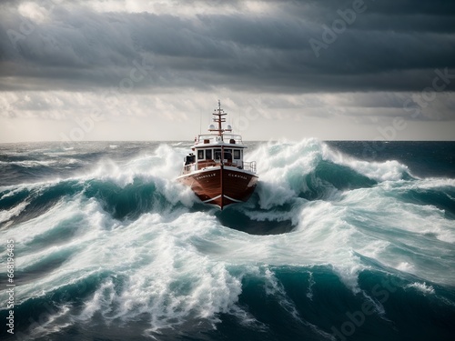 A boat is exposed to a strong wave in the sea