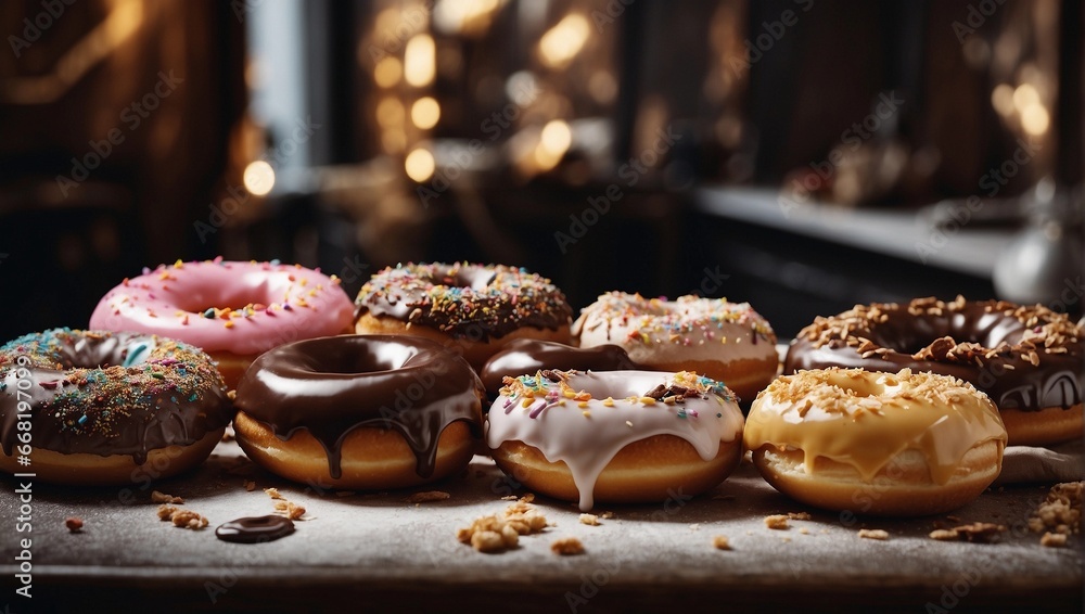 Rich Variety of Decorated Doughnuts on a Rustic Table