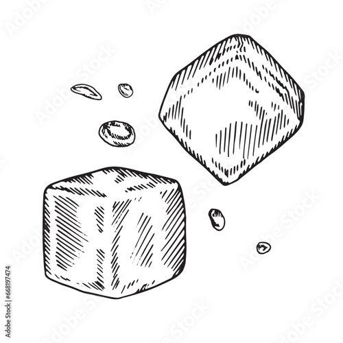 Ice cube vector illustration. Hand drawn graphic clipart set on white isolated background. Linear drawing of water drops. Sugar block outline sketch. Black line art for menu design