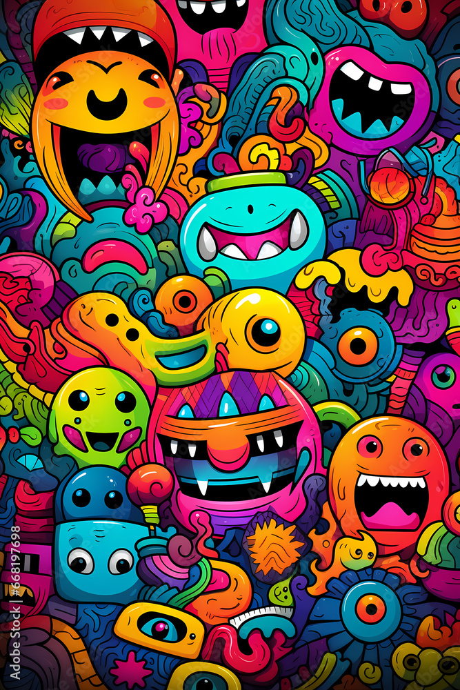 Fun group of cute and colorful monsters. Crowd of spooky aliens with open mouths and sharp teeth. A lot of funny creatures of different colors Fun group of cute and colorful monsters. Crowd of spooky aliens with open mouths and sharp teeth. A lot of funny creatures of different colors