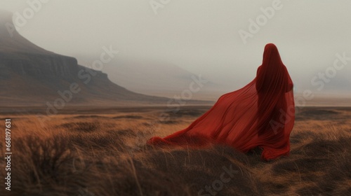 a woman is wearing a red cape on an empty desert plain photo