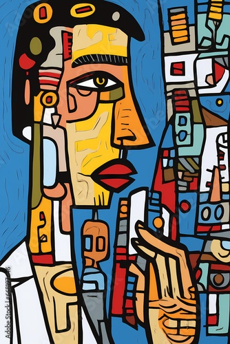 Pensive white man in an abstract cubist illustration. Close-up portrait of a serious and sad-looking Caucasian guy in profile