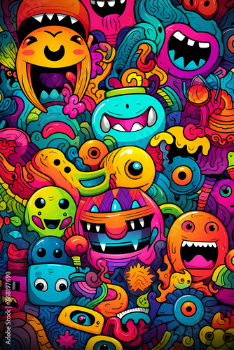 Fun group of cute and colorful monsters. Crowd of spooky aliens with open mouths and sharp teeth. A lot of funny creatures of different colors