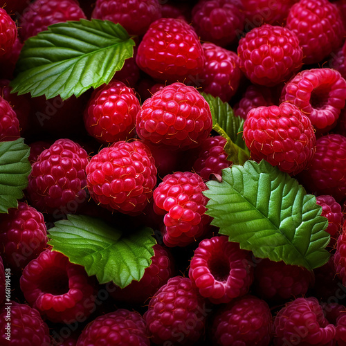 Ripe natural red raspberries with green leaves  raspberry background